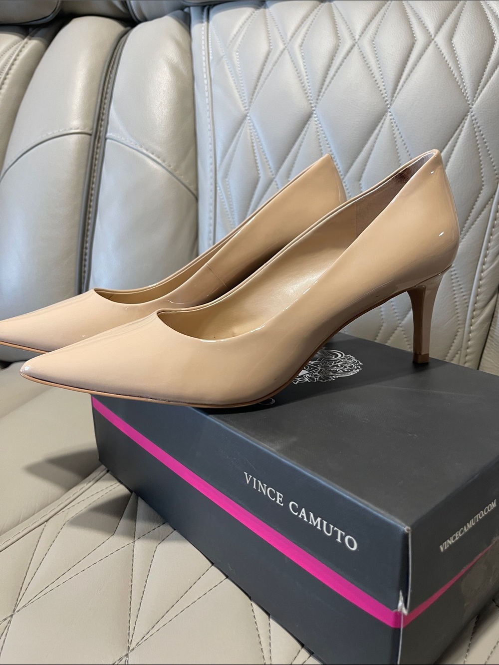 Vince Camuto Blush Patent Pointed-Toe Mid Heels